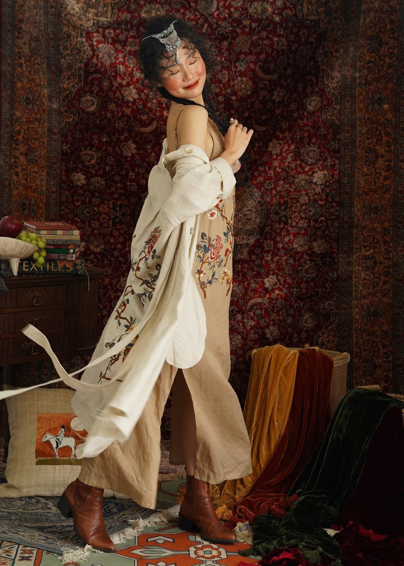 "Desert Peony" – Embroidered Linen Dress