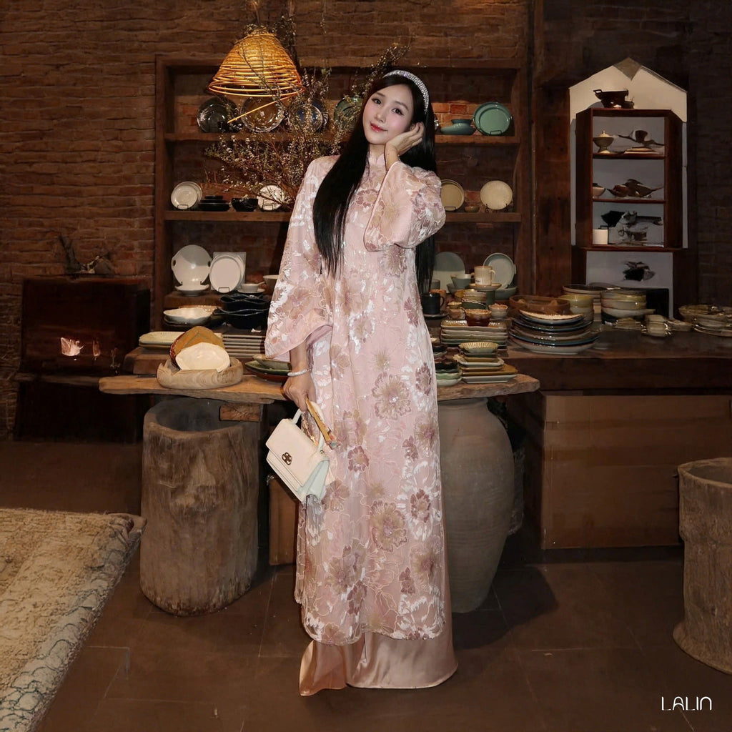 "Kim Sa Ao dai Set - Sequined Satin in Soft Blush, Traditional Vietnamese dress by Lalin, floral silk design"