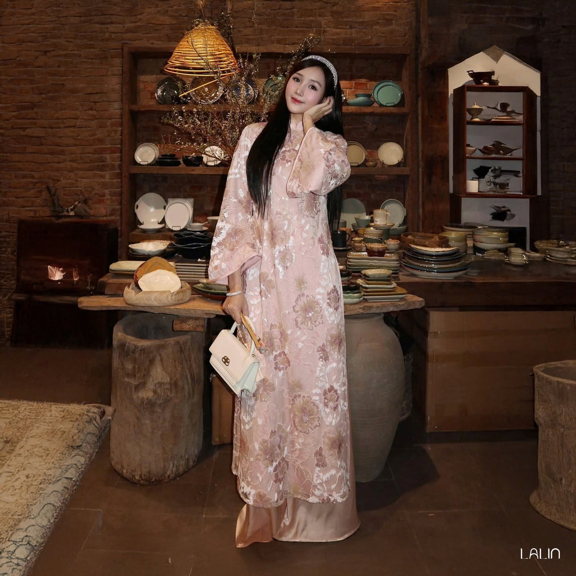 "Kim Sa Ao dai Set - Sequined Satin in Soft Blush, Traditional Vietnamese dress by Lalin, floral silk design"
