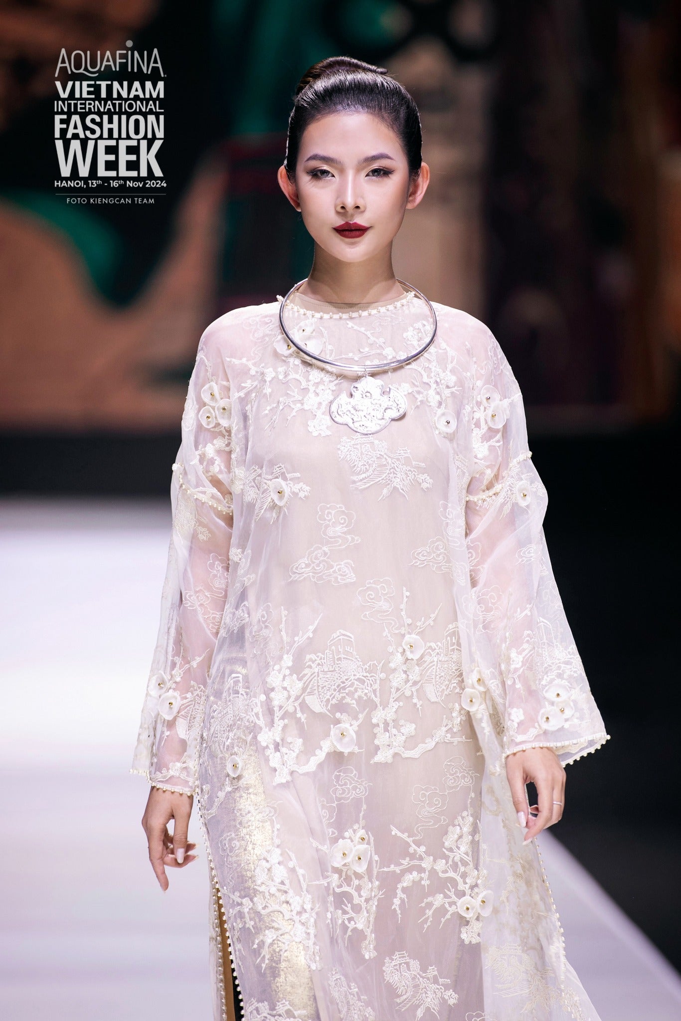 Vietnamese Embroidery - Thiên Ân – Imperial Sun & Dragon Torque Pendant - front view in organza in white by HI de Maison