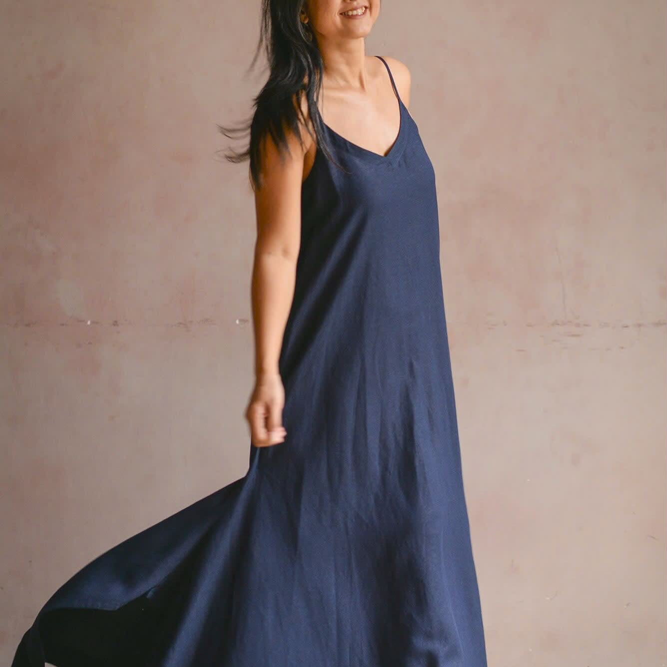 Slide - Linen Maxi Dress - side profile in navy blue by Turmeric