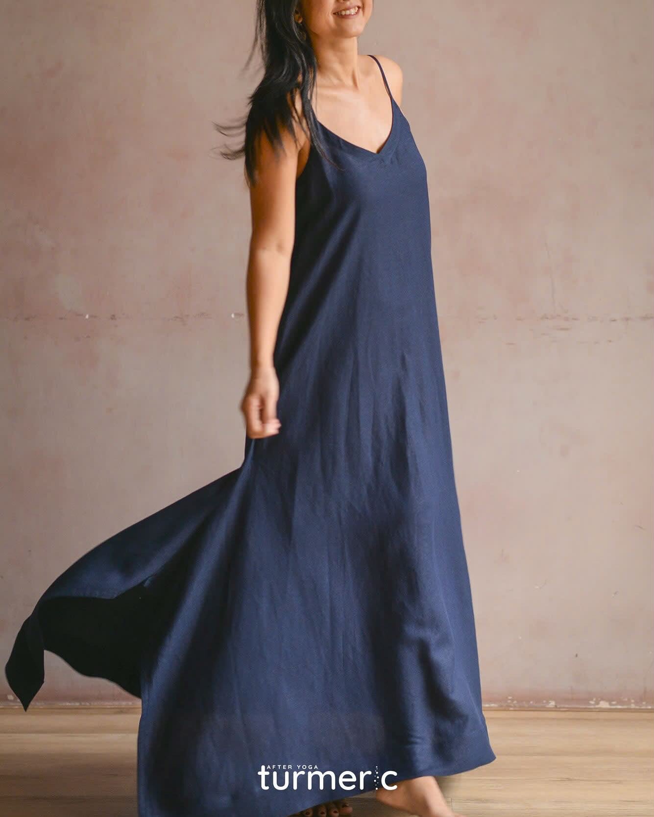 "Slide - Linen Maxi Dress in Navy by Turmeric, elegant sleeveless design, flowy fit"