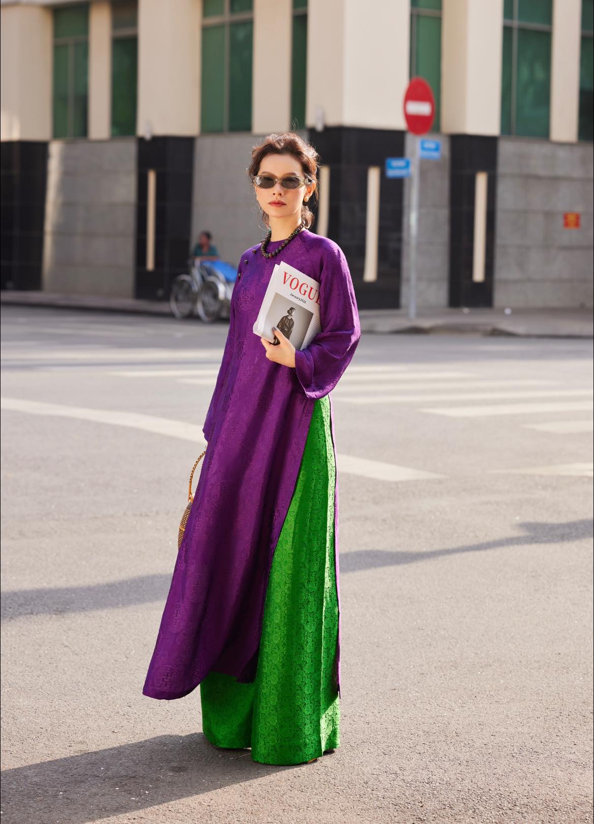Royal Amethyst áo dài lifestyle shot showcasing wisdom-symbolizing purple color and refined Vietnamese elegance