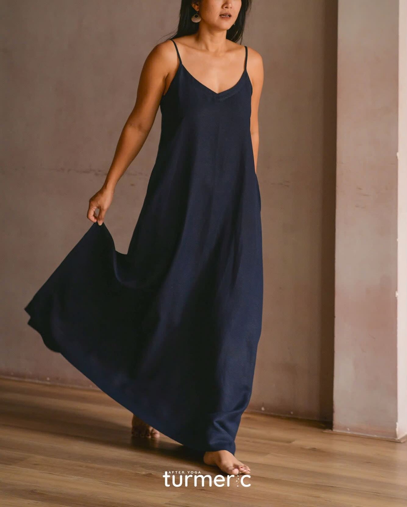 Slide - Linen Maxi Dress - front view in silk in navy blue by Turmeric