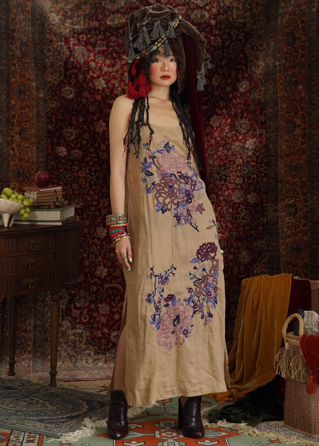 "Desert Peony" – Embroidered Linen Dress