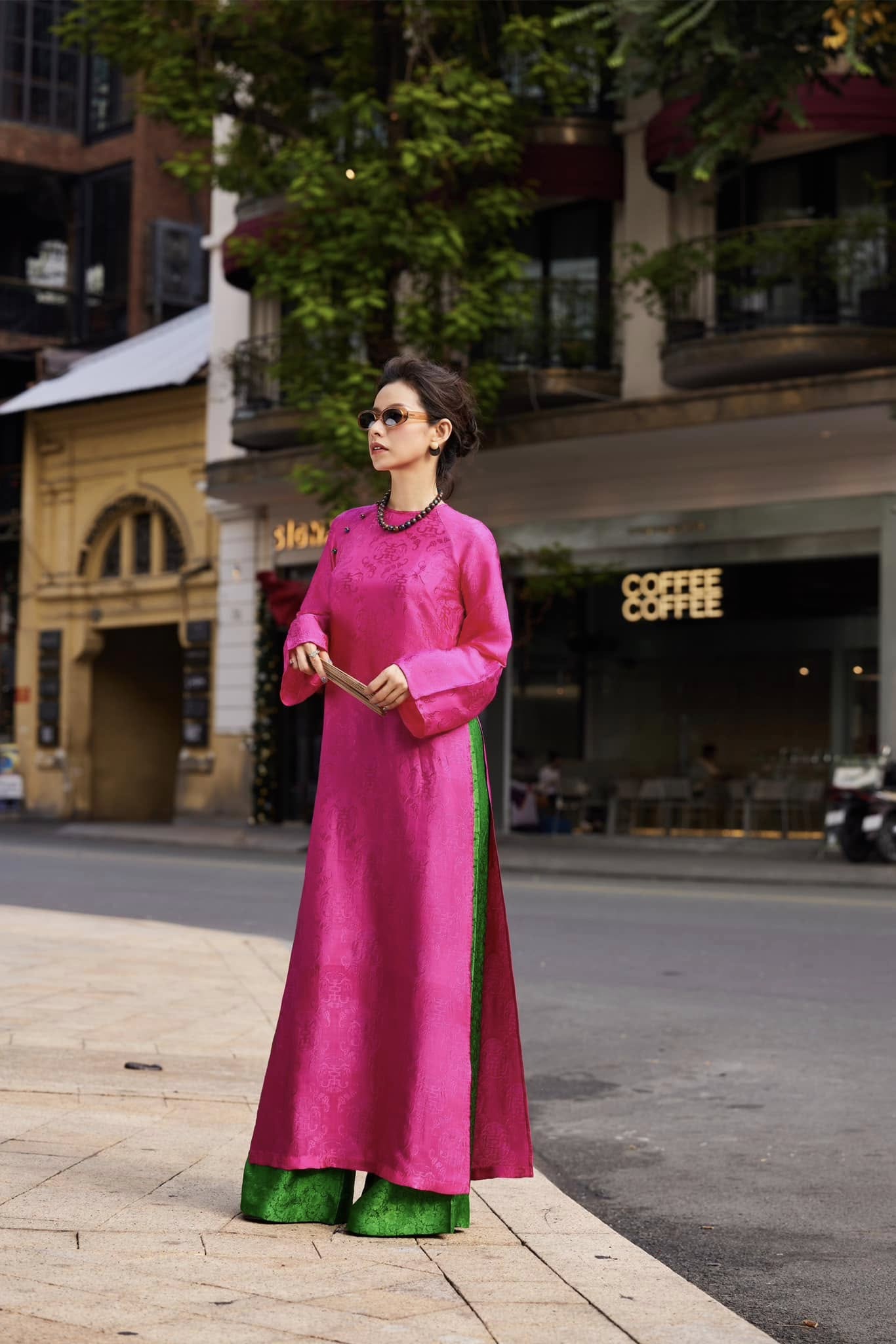 Vietnamese Ao Dai - “Fuchsia Reverie” - Luxury Wormsilk Ao Dai Set in Imperial Fuchsia - front view in pink by Lo Boutique
