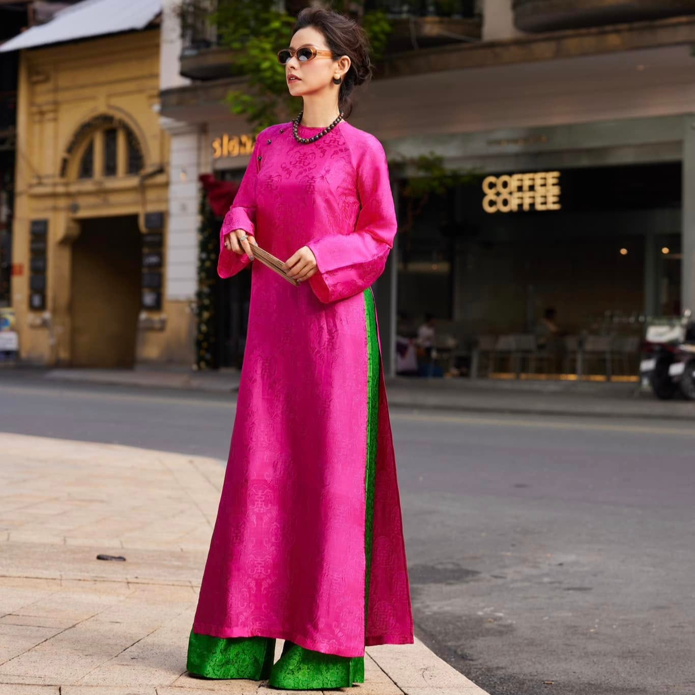 Fuchsia Reverie luxury wormsilk áo dài in vibrant imperial fuchsia with emerald green peacock feather pants - Lo Boutique Vietnamese fashion