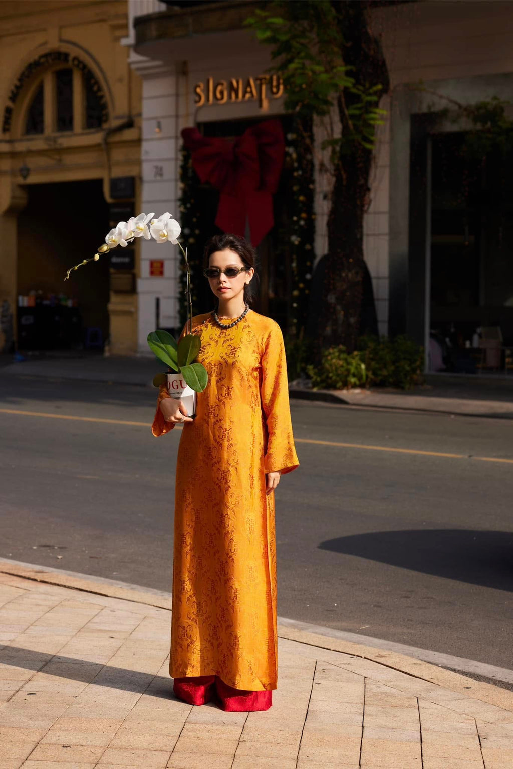 Full length Imperial Ember golden áo dài with coordinating crimson pants from Mộc - complete luxury Vietnamese outfit