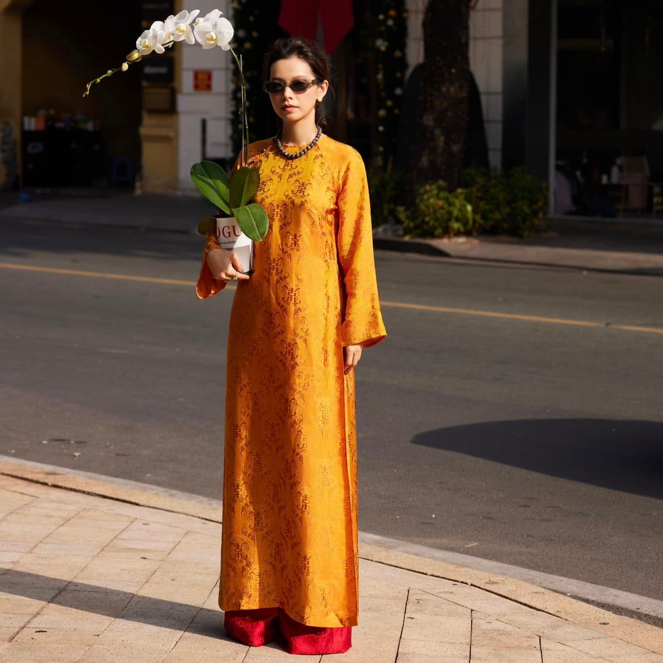 Vietnamese Ao Dai - “Imperial Ember” - Luxury Wormsilk Ao Dai Set in Regal Gold - front view in yellow by Lo Boutique