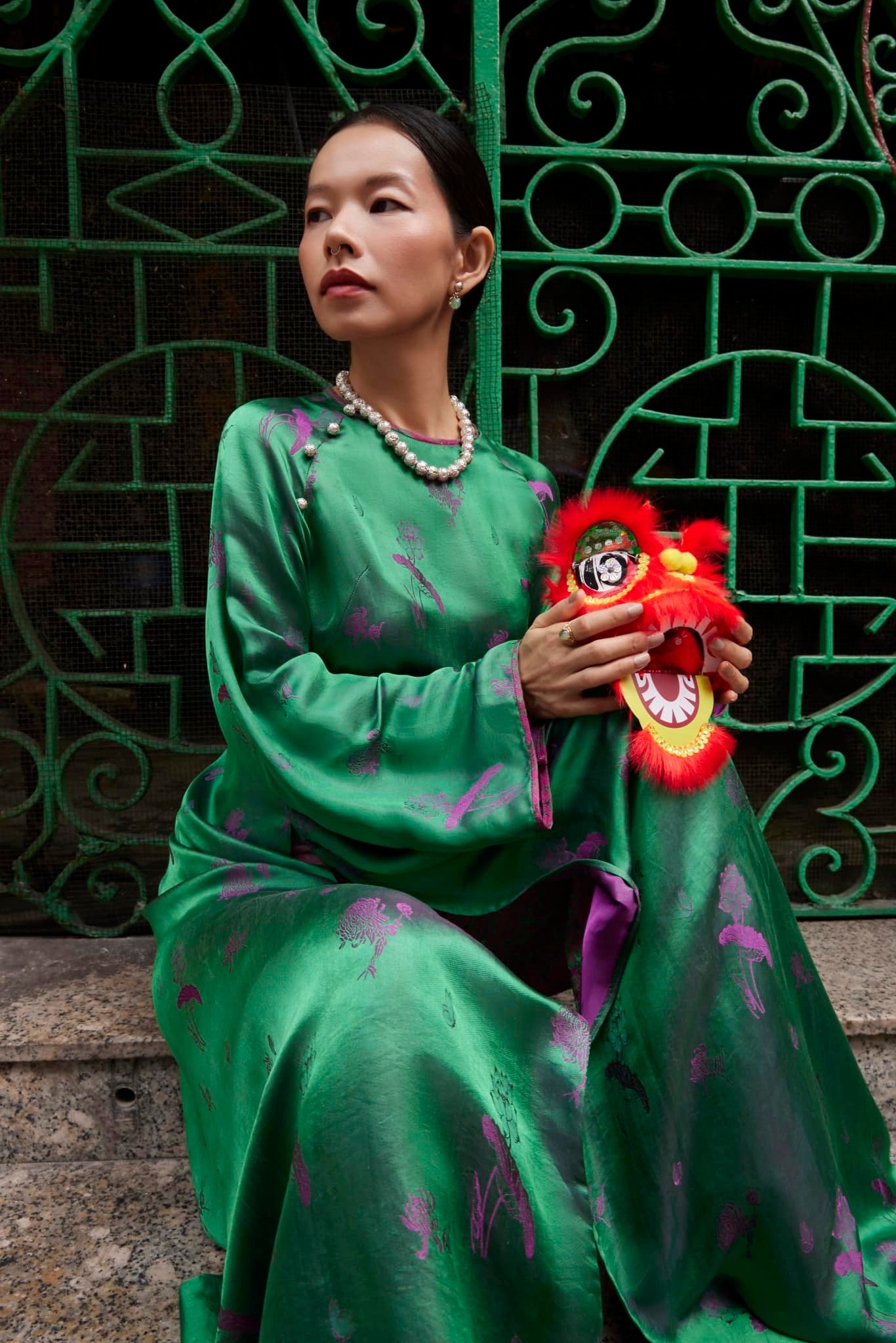 Vietnamese Ao Dai - “Lotus Bloom” - Silk Ao Dai Set in 2-sided Brocade - front view in green by Lo Boutique