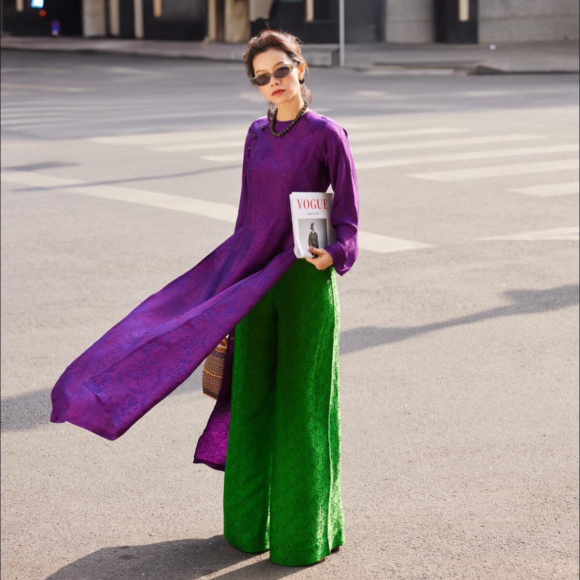 Royal Amethyst luxury wormsilk áo dài in deep purple with green peacock feather pants - Lo Boutique sophisticated Vietnamese traditional dress