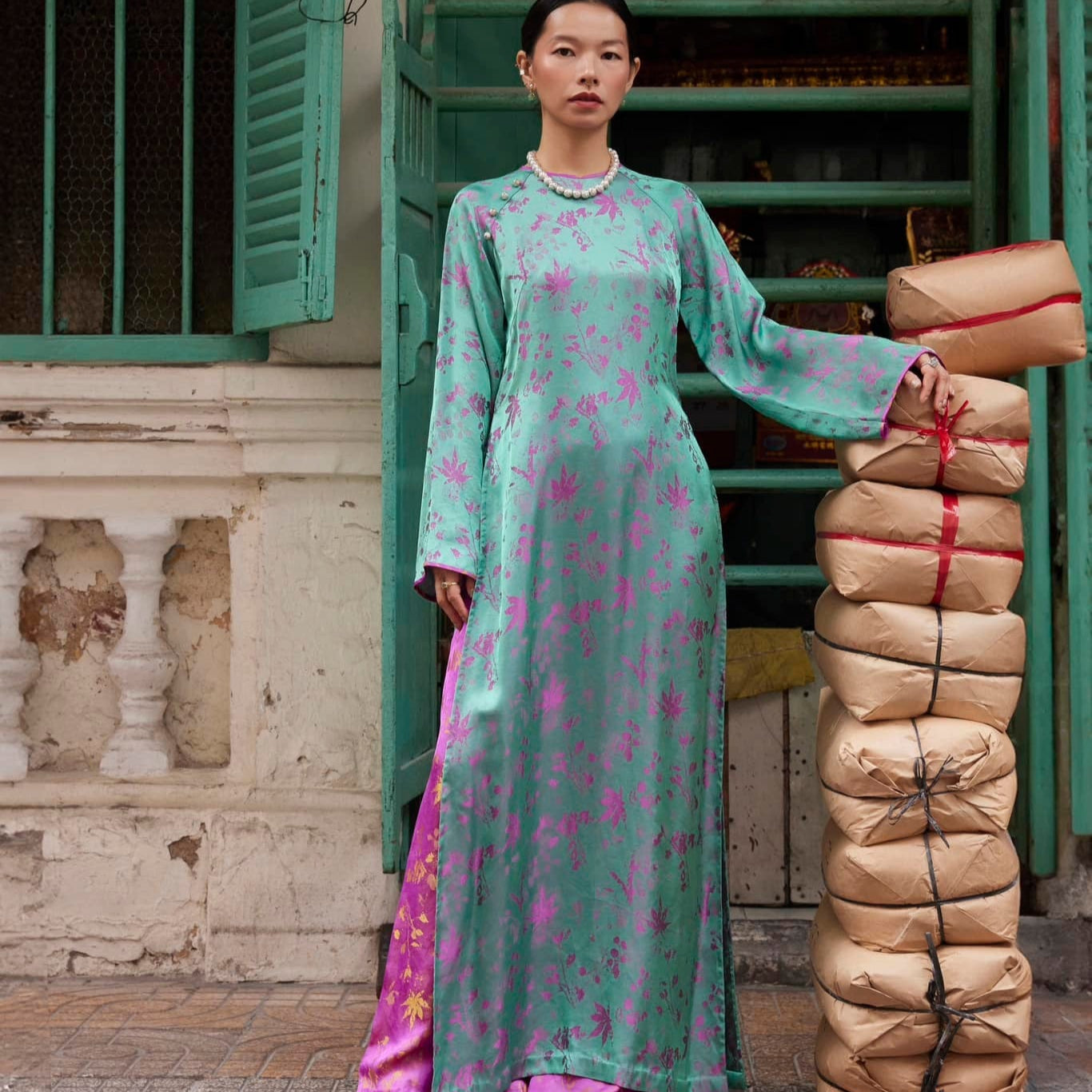Vietnamese Ao Dai - “Jade Bloom” – Premium Brocade Silk Áo Dài Set - front view in teal by Lo Boutique