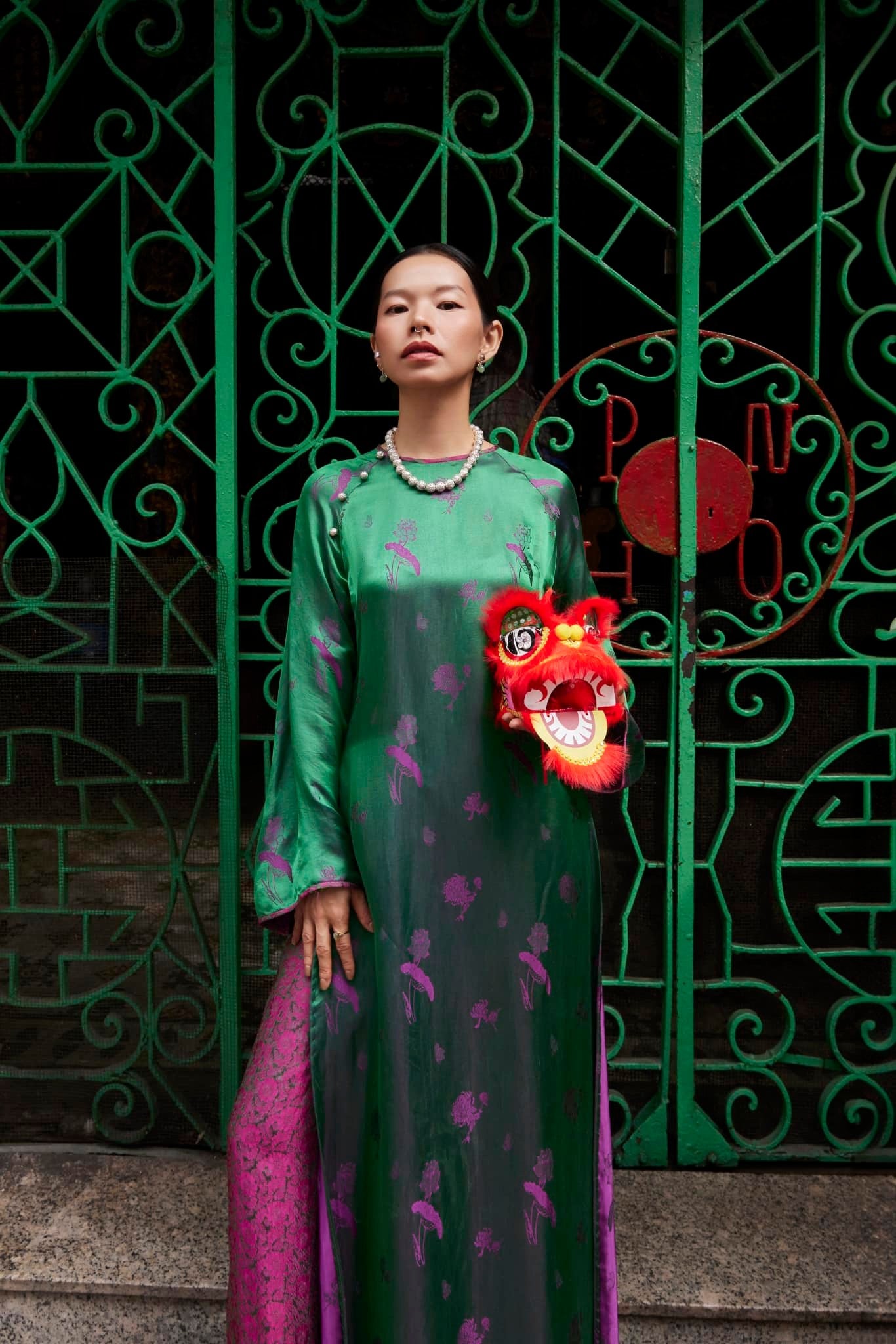 Vietnamese Ao Dai - “Lotus Bloom” - Silk Ao Dai Set in 2-sided Brocade - front view in green by Lo Boutique