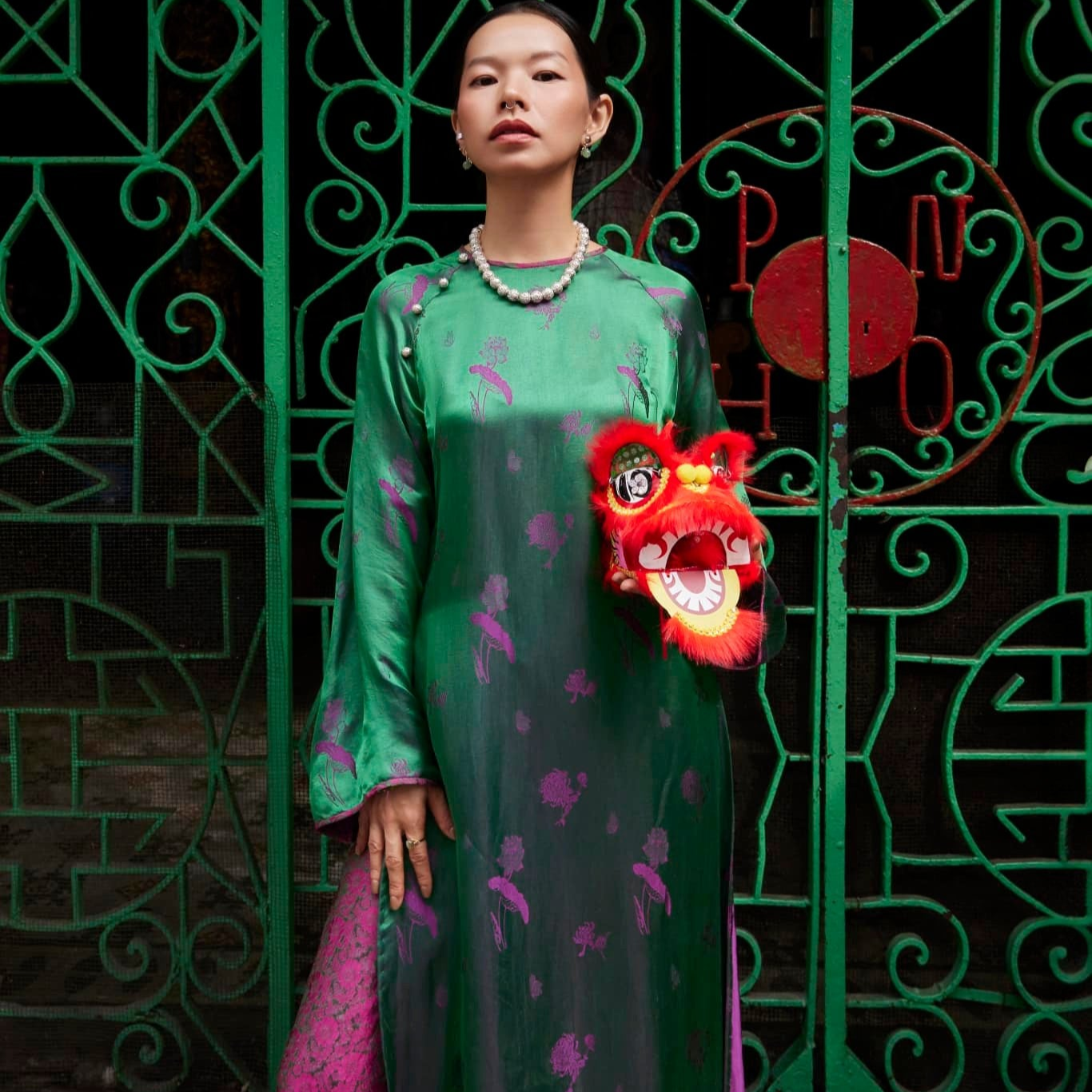 Vietnamese Ao Dai - “Lotus Bloom” - Silk Ao Dai Set in 2-sided Brocade - front view in green by Lo Boutique