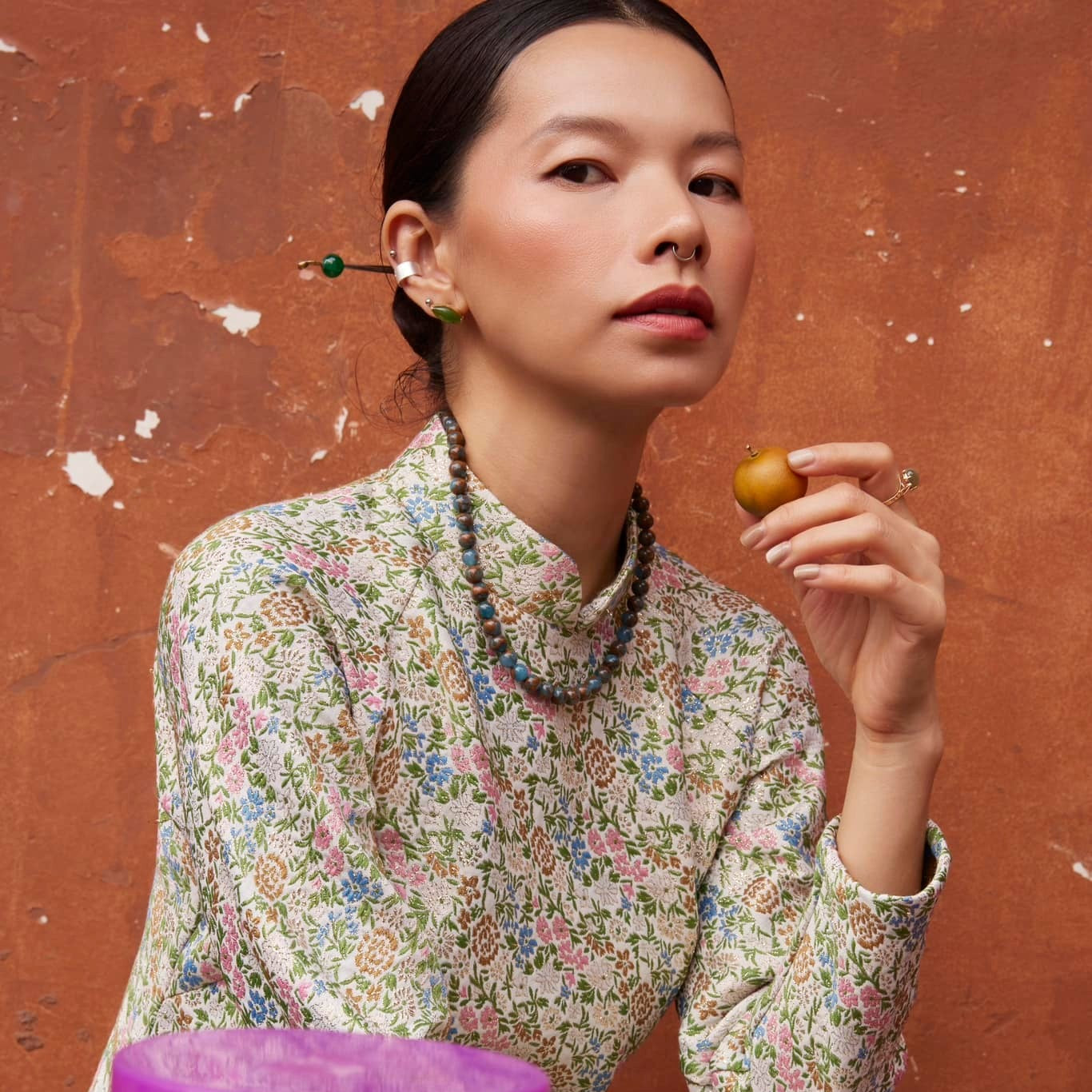 Marble Whisper Necklace - Marble Necklace - blue /brown tone - side angle showing silhouette and fit by HI de Maison at L'Orient Haus