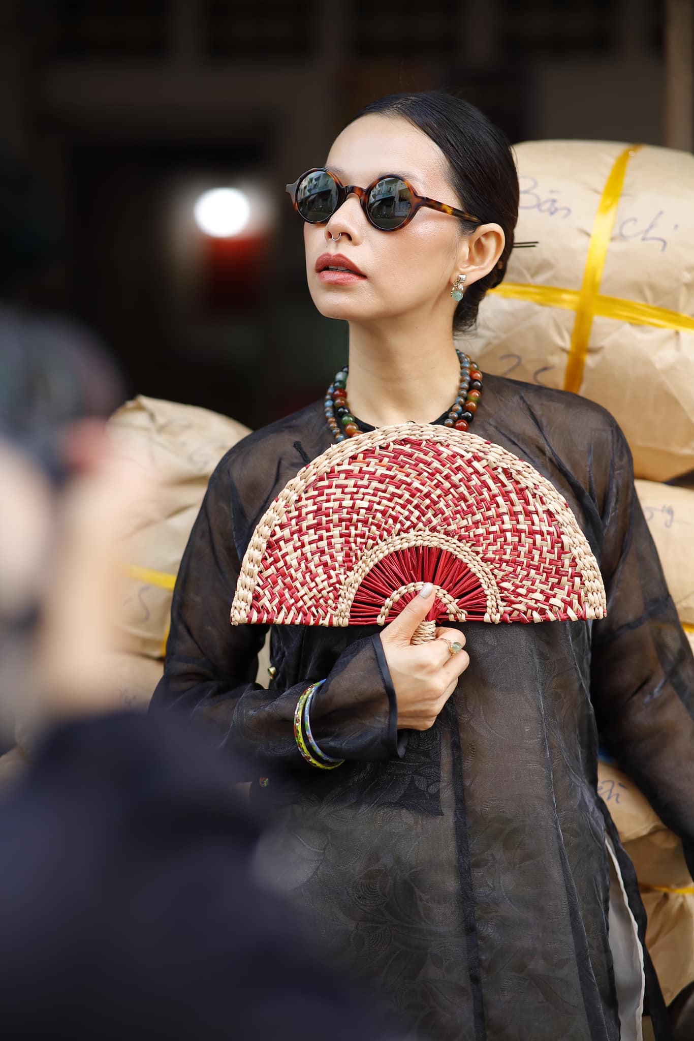 Golden Grace – Hand-Embroidered Silk Áo Dài Set by Lo Boutique - side view highlighting elegant silhouette and luxury fabric, premium Vietnamese wormsilk clothing