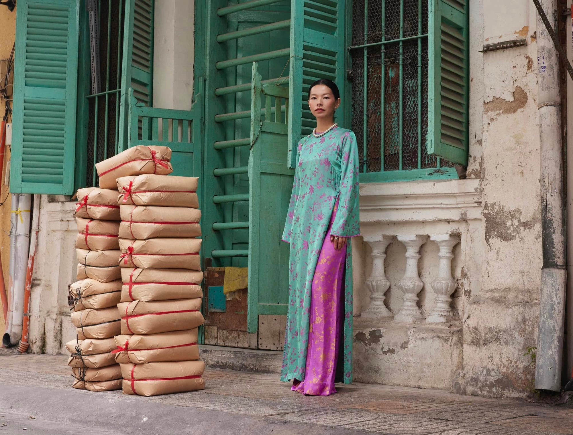 “Sông Sắc” – Premium Brocade Silk Áo Dài Set - side angle showing silhouette and fit by Lo Boutique at L'Orient Haus