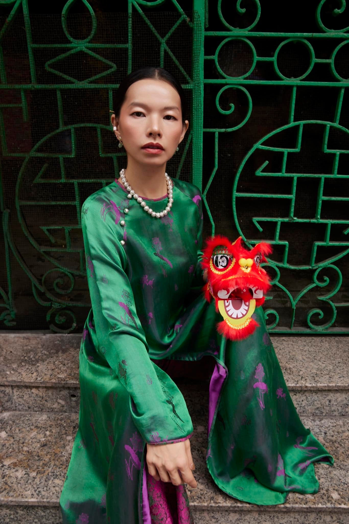Vietnamese Ao Dai - “Lotus Bloom” - Silk Ao Dai Set in 2-sided Brocade - front view in green by Lo Boutique