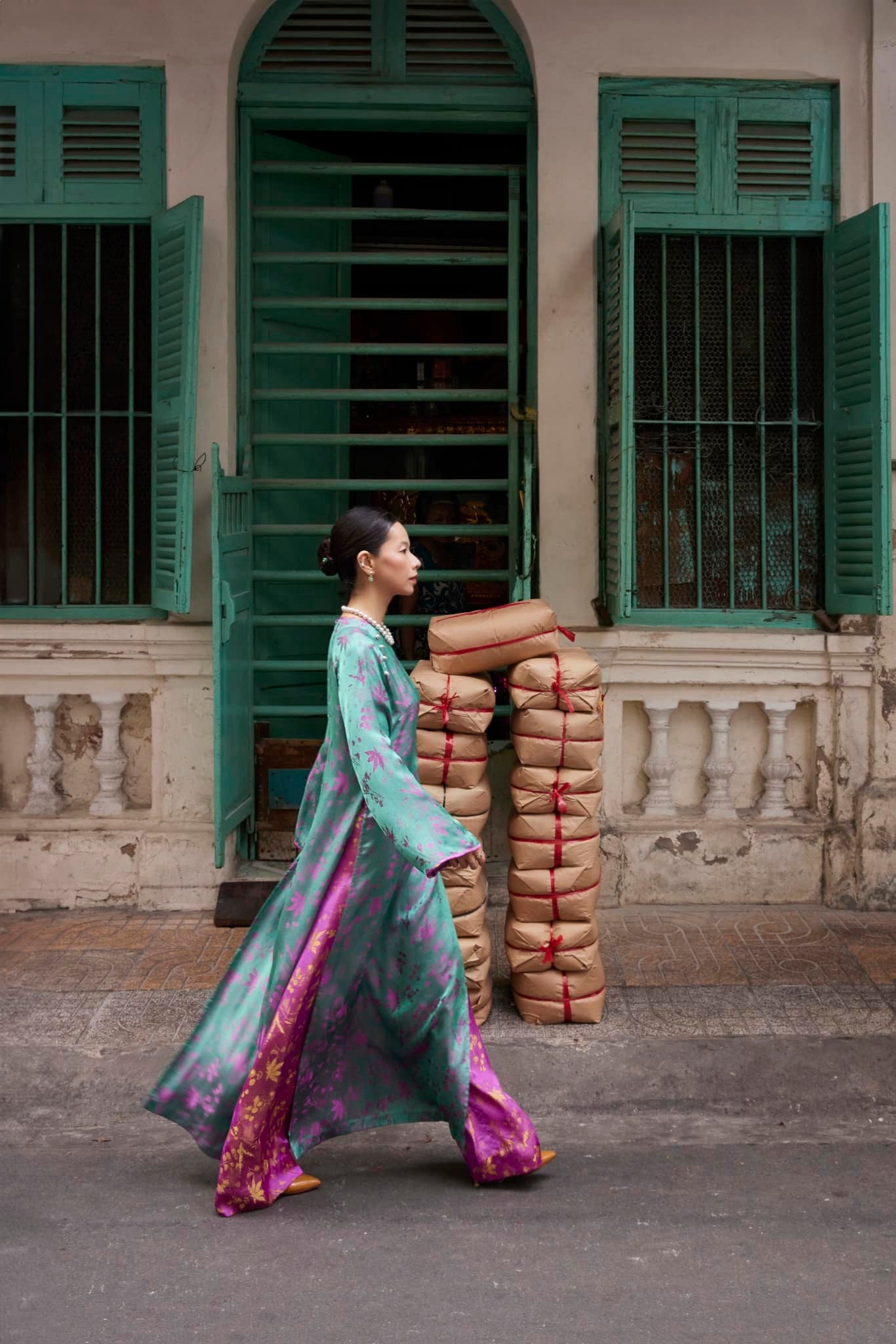 Vietnamese Ao Dai - “Jade Bloom” – Premium Brocade Silk Áo Dài Set - side profile in green by Lo Boutique