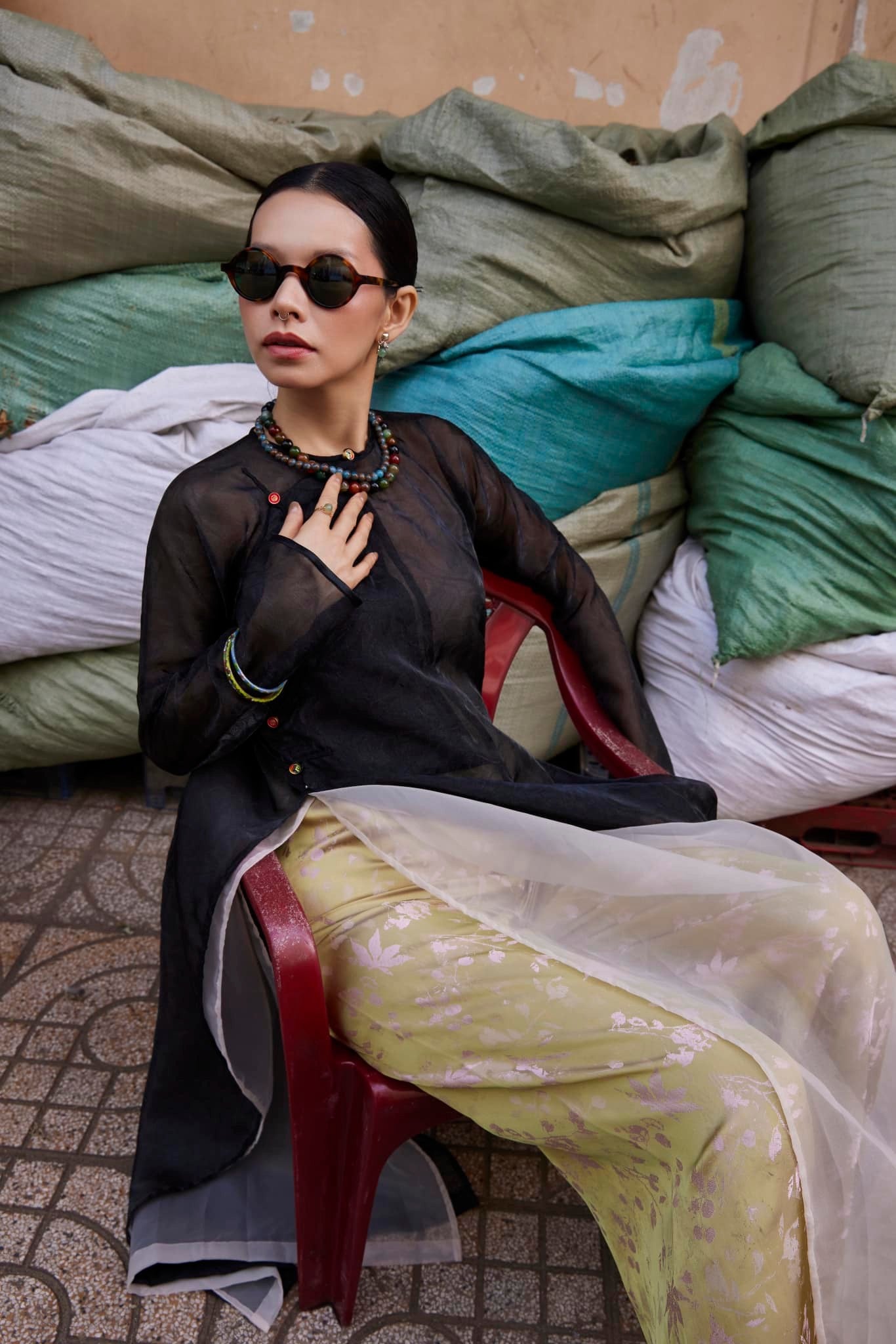 Golden Grace – Hand-Embroidered Silk Áo Dài Set by Lo Boutique - back view showing intricate details and cultural authenticity, premium Vietnamese wormsilk clothing