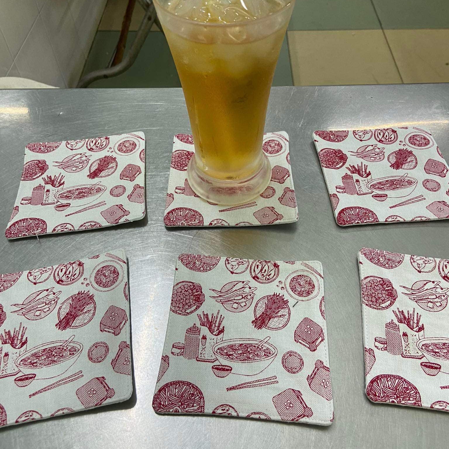 Traditional Motif - Vietnam in a Bowl - Coaster Set of 6 - styled presentation in linen in white by Bat-trang