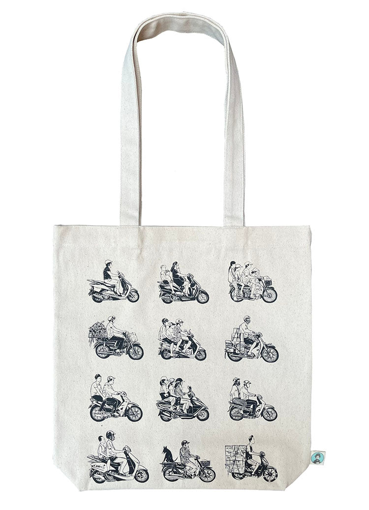 "Vietnam Motorbike Tote Bag by Bat-trang with black motorbike illustrations on a natural canvas background, emphasizing Vietnamese culture."