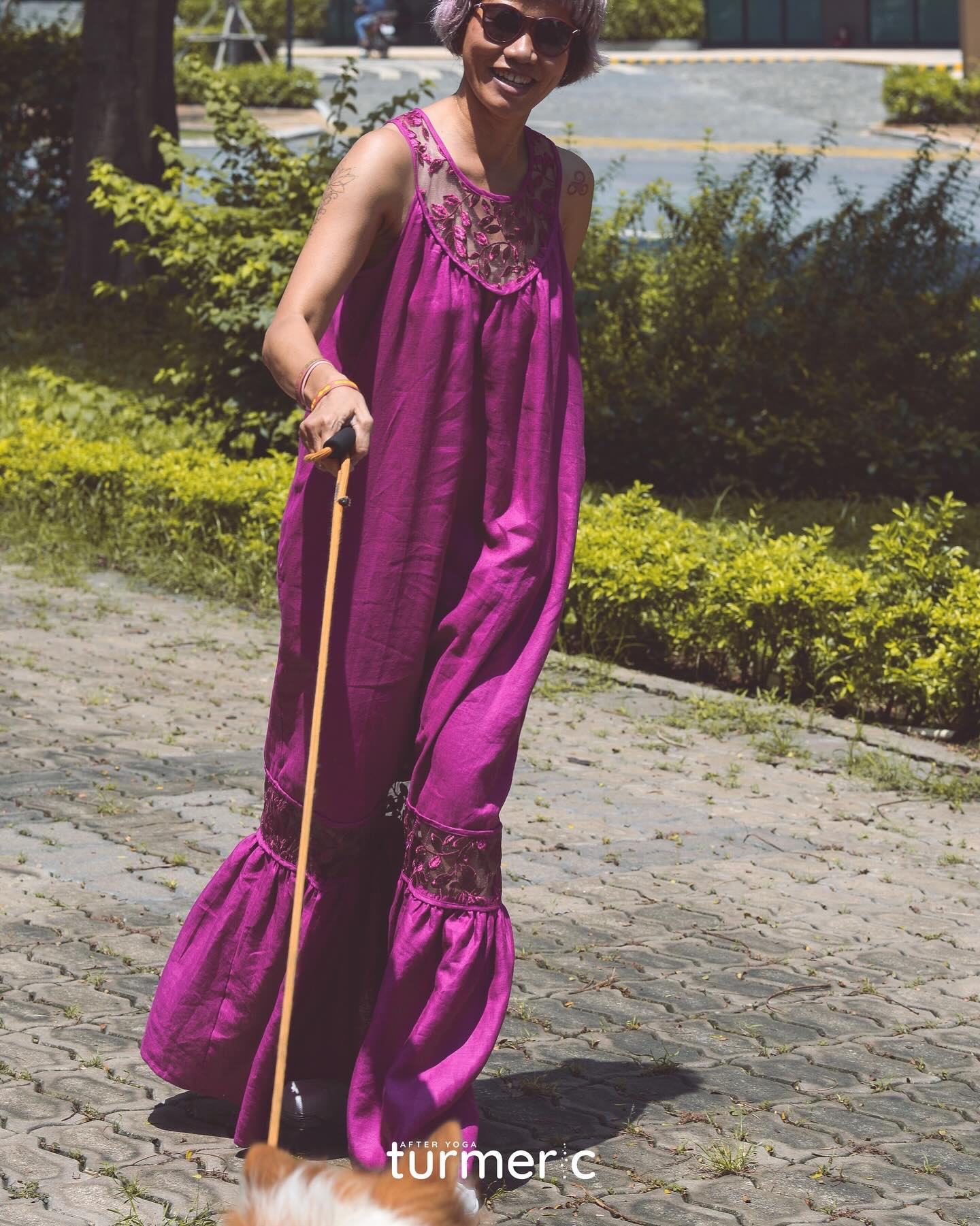 "Magnolia Linen and Lace Maxi Dress in Magenta by Turmeric, red floral pattern, sleeveless design."