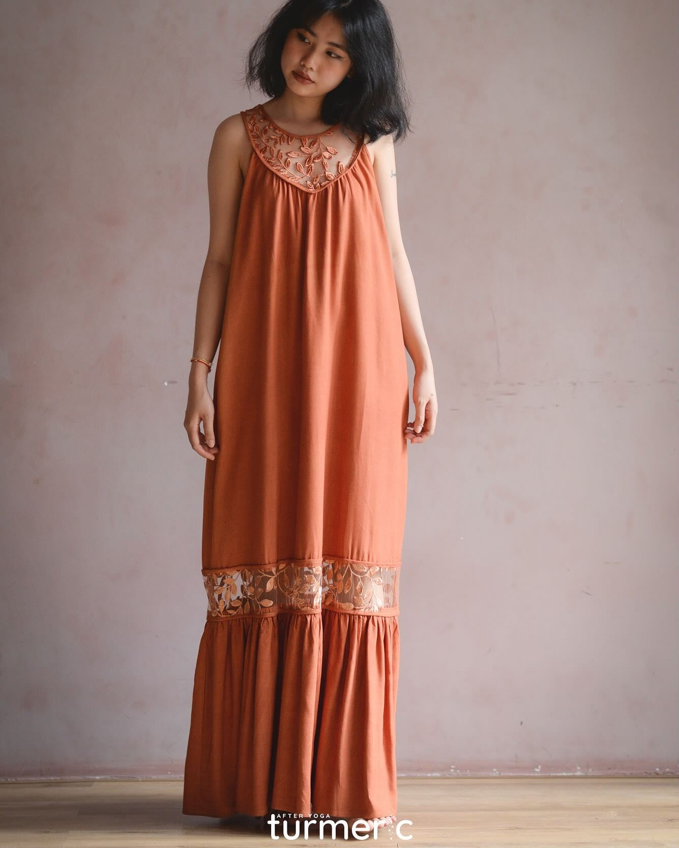 Vietnamese Embroidery - Magnolia - Linen and Lace Maxi Dress - front view in silk in rust by Turmeric