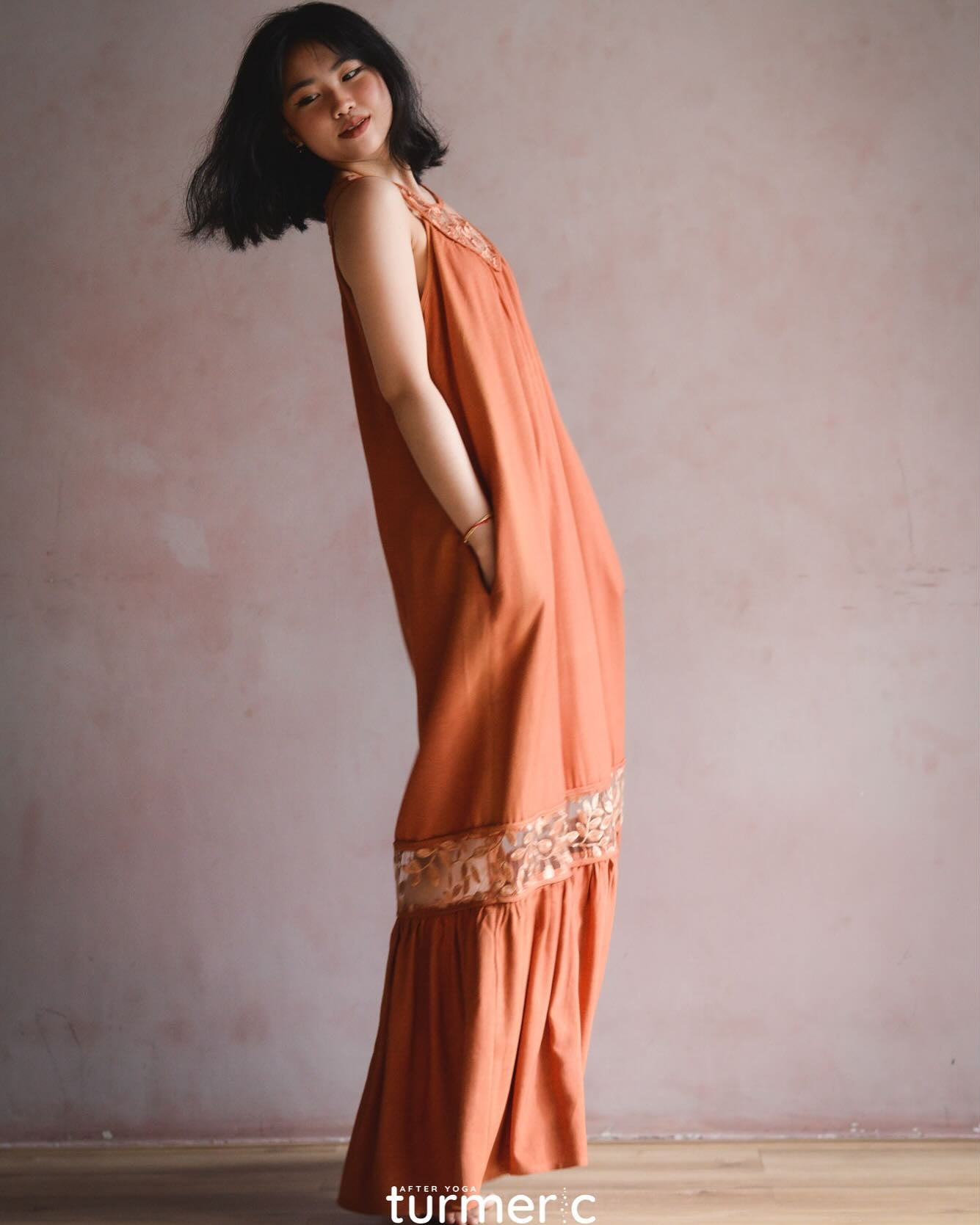 Vietnamese Embroidery - Magnolia - Linen and Lace Maxi Dress - side profile in silk in orange by Turmeric