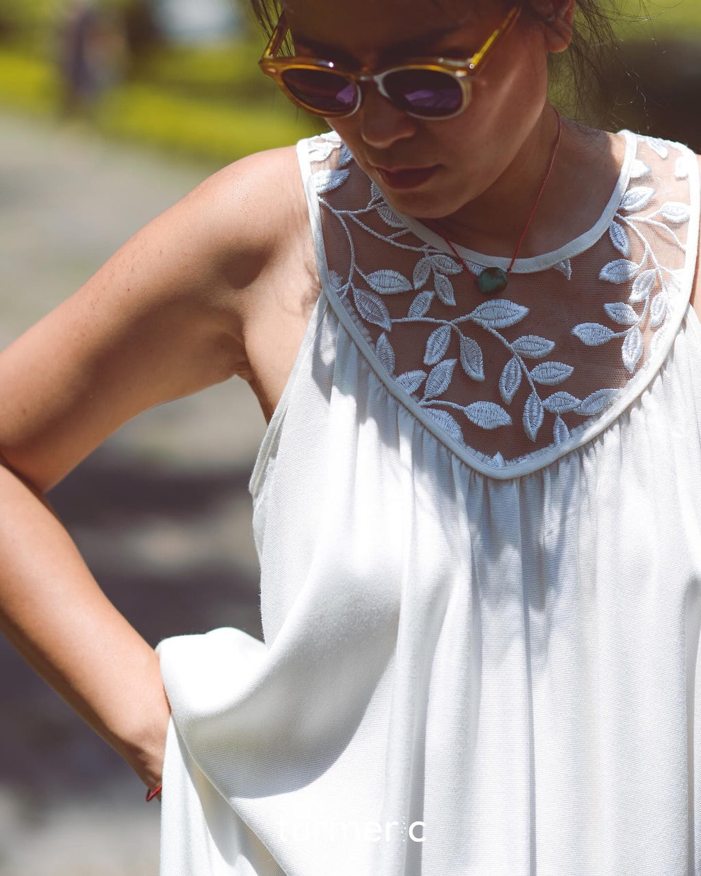 "Magnolia Linen and Lace Maxi Dress in White with Floral Embroidery by Turmeric"