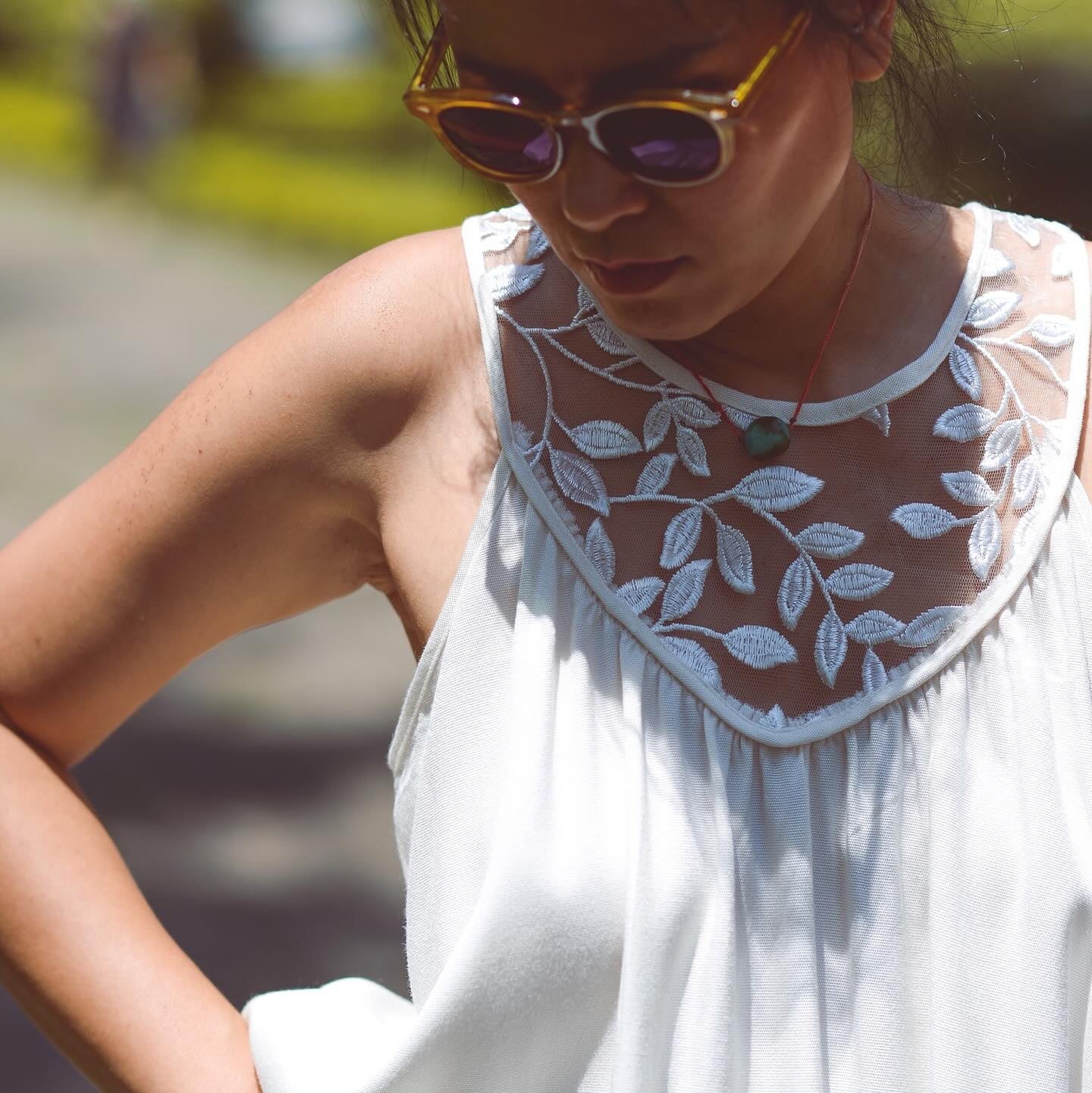 Vietnamese Embroidery - Magnolia - Linen and Lace Maxi Dress - detail close-up in organza in white by Turmeric