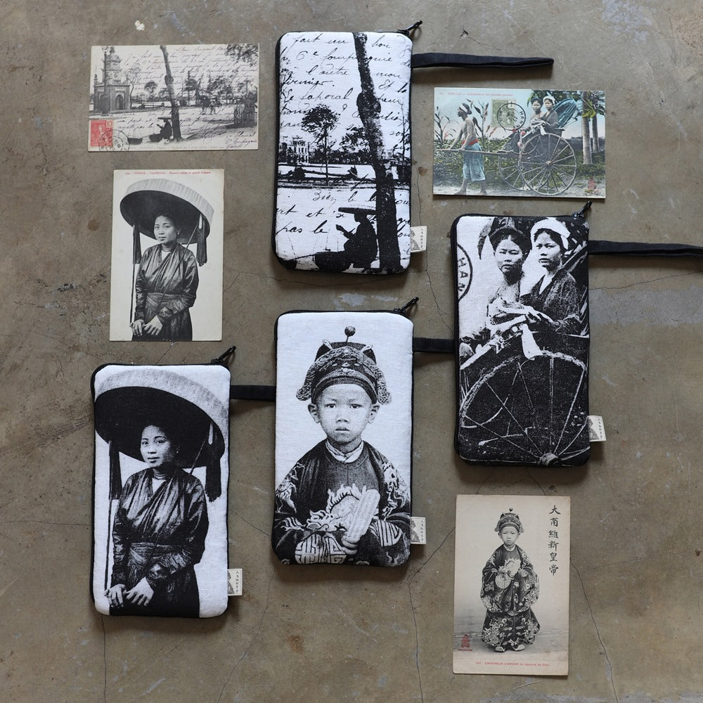 "Empereur D'Annam small pouch by Bat-trang, featuring black and white vintage Vietnamese images, cultural authenticity."