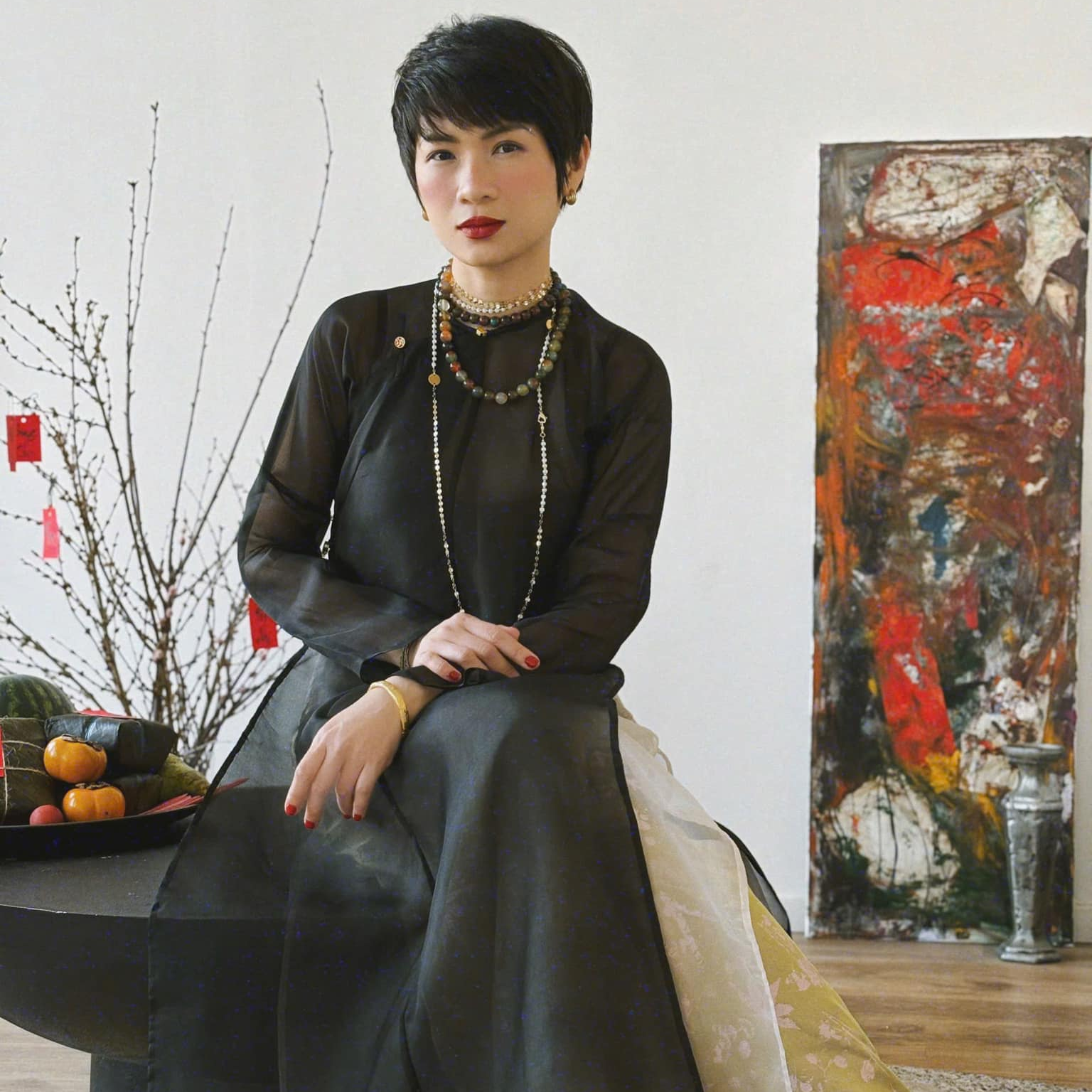 Golden Grace – Hand-Embroidered Silk Áo Dài Set by Lo Boutique - detail shot of Lộc Thọ symbols and traditional Vietnamese motifs, premium Vietnamese wormsilk clothing