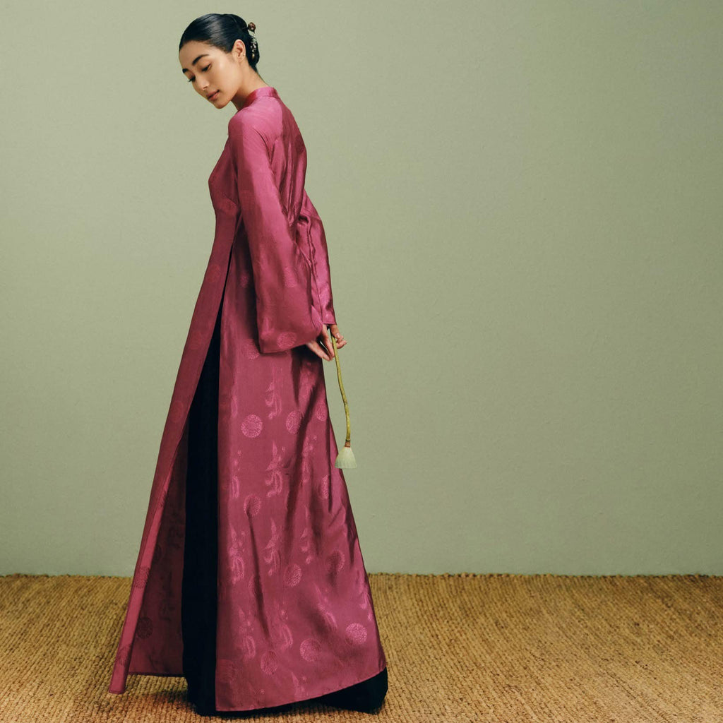 "Phuong Cac" Royal Jacquard Silk Áo Dài in Deep Dark Magenta, traditional Vietnamese dress by Nam Phuong Y.