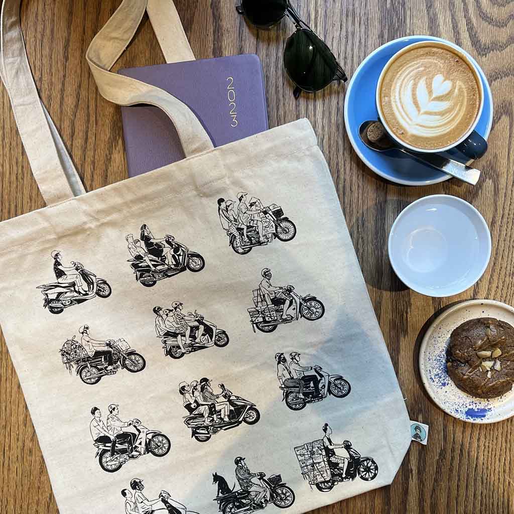 Traditional Motif - Vietnam Motorbike - Tote Bag - flat lay display in cotton in beige by Bat-trang