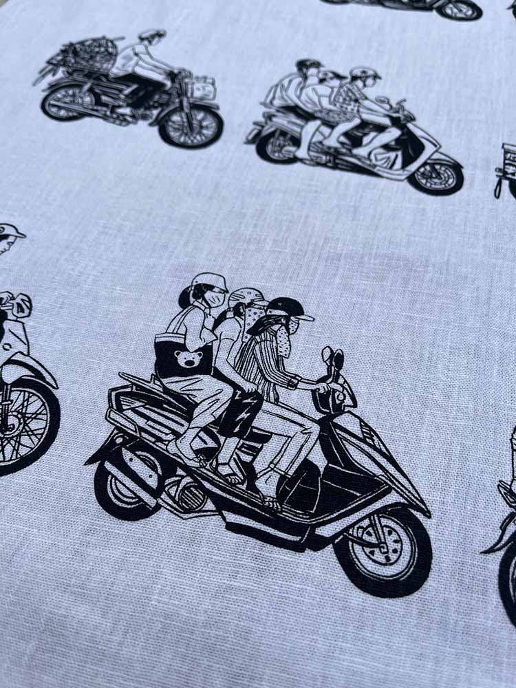 Traditional Motif - Vietnam Motorbike - Tote Bag - detail close-up in linen in gray by Bat-trang