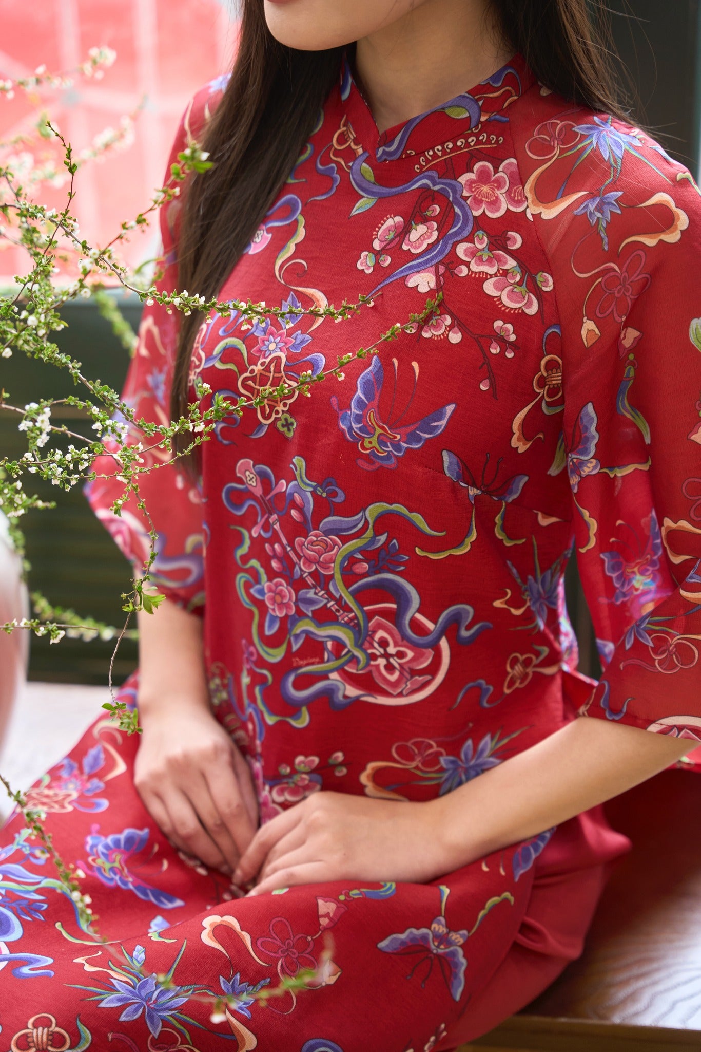 Traditional Motif - Xuan Ca Ao dai set - flowers - front view in silk in red by Dinh Dang
