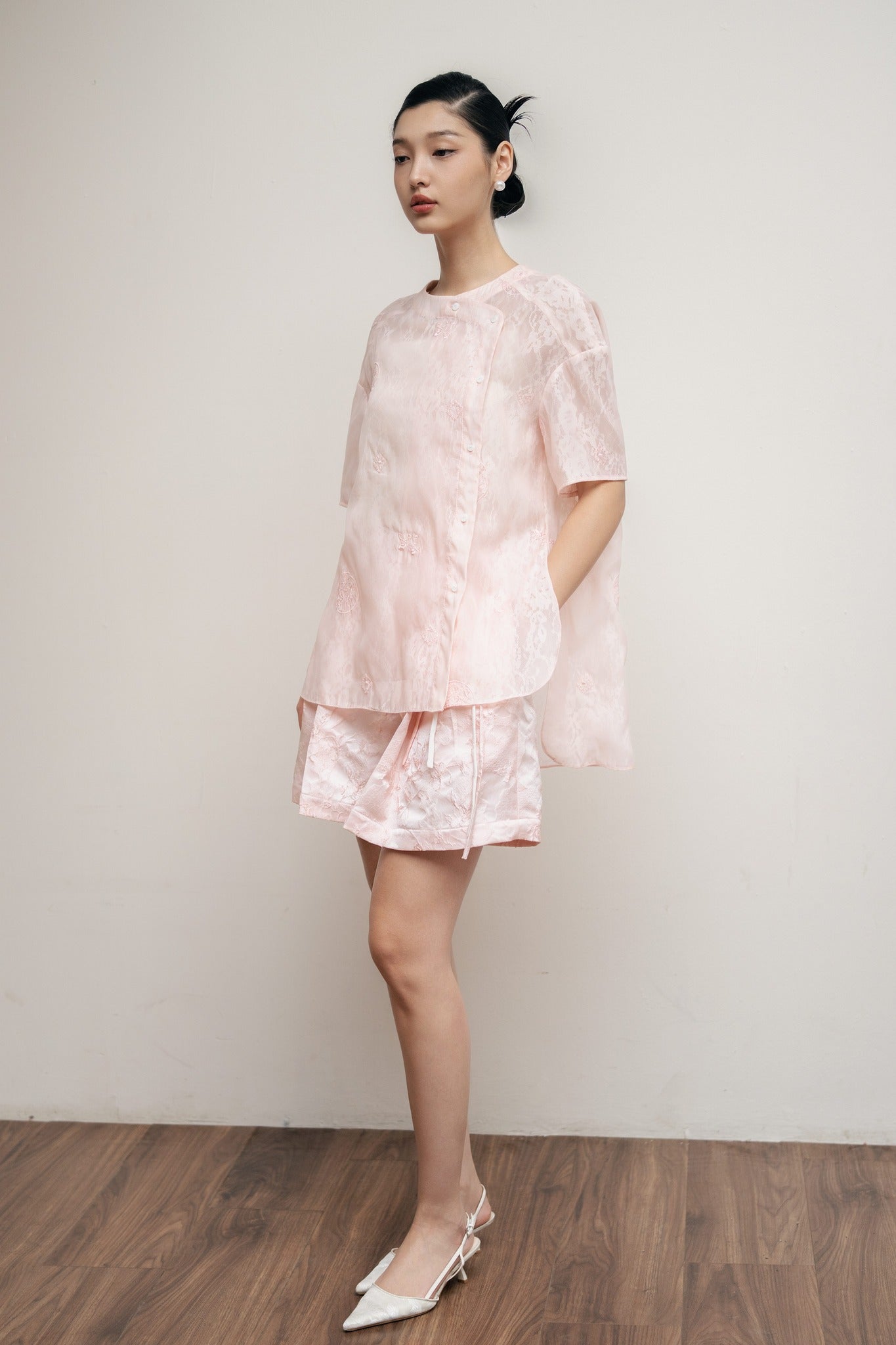 "Tiểu Mai Set – Mandarin-Neck Top and Shorts in Pastel Pink Jacquard with Floral Embroidery, Vietnamese Artisan Design"