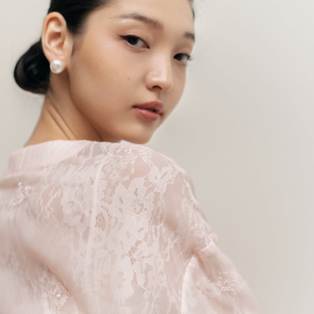 "Tiểu Mai Set – Mandarin-Neck Top in Pastel Pink Jacquard with Floral Embroidery, Vietnamese Artisan Design"