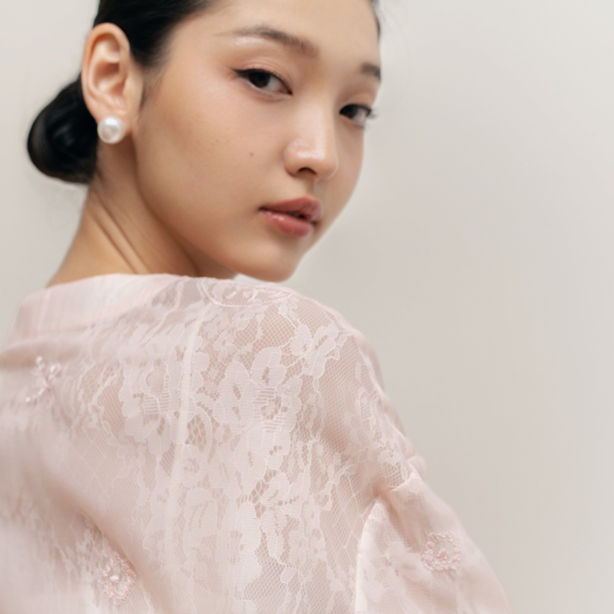 Tiểu Mai Set – Mandarin-Neck Top and Shorts in Pastel Pink - back view in lace in pink by Hy Phuong