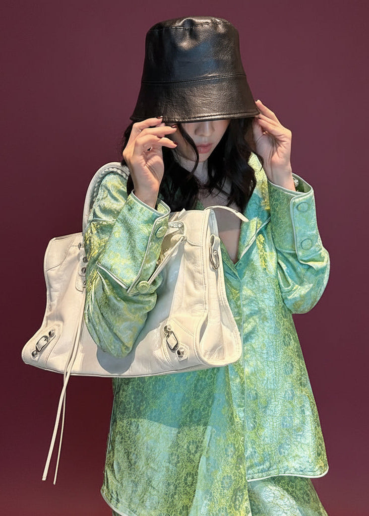 “Pyjama” Set – Modern Wormsilk in Celadon Green - front view in velvet in green by H2B a la Mode