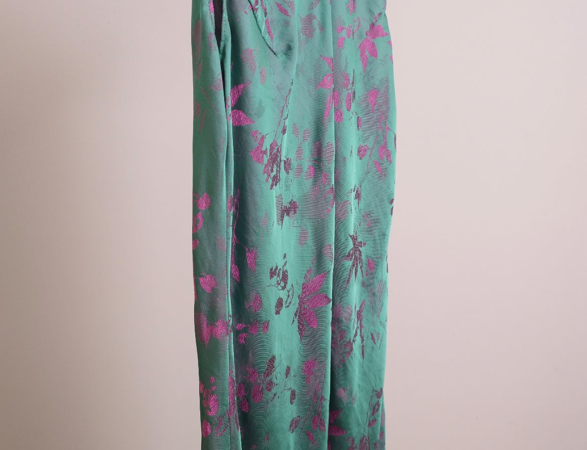 Traditional Motif - Radiance in Silk Slip Dress – Green & Pink - side profile in brocade in teal by Lo Boutique