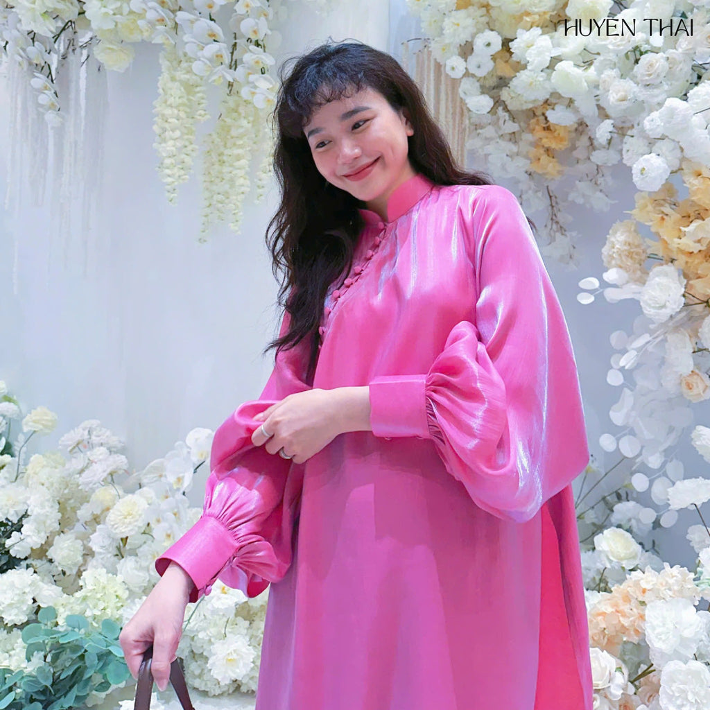 "Man Man Ao-Dai Set in pink silk by Huyen Collection, traditional Vietnamese dress"