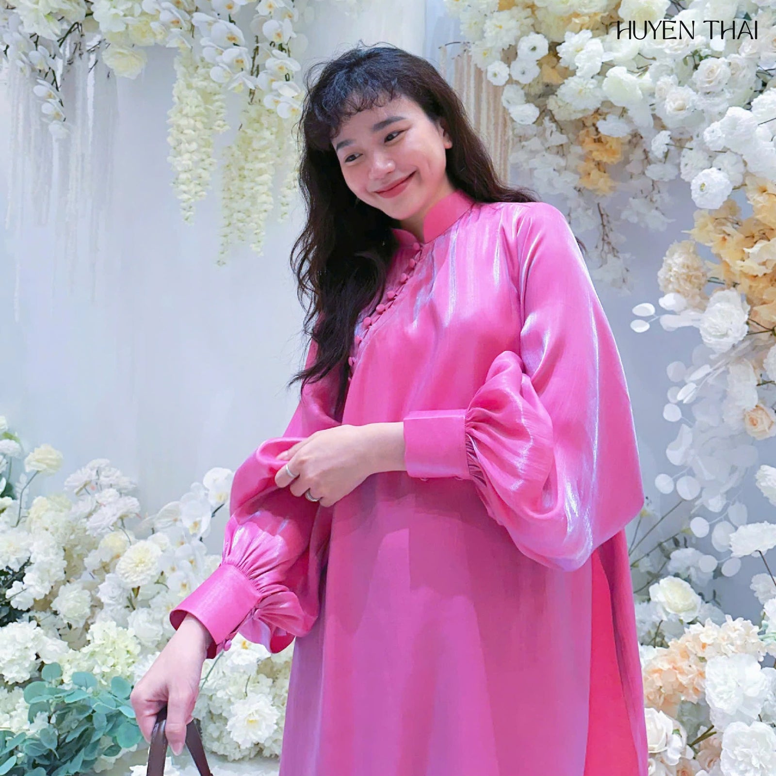 Vietnamese Ao Dai - Man Man Ao-Dai Set - Wormsilk - front view in pink by Huyen Collection
