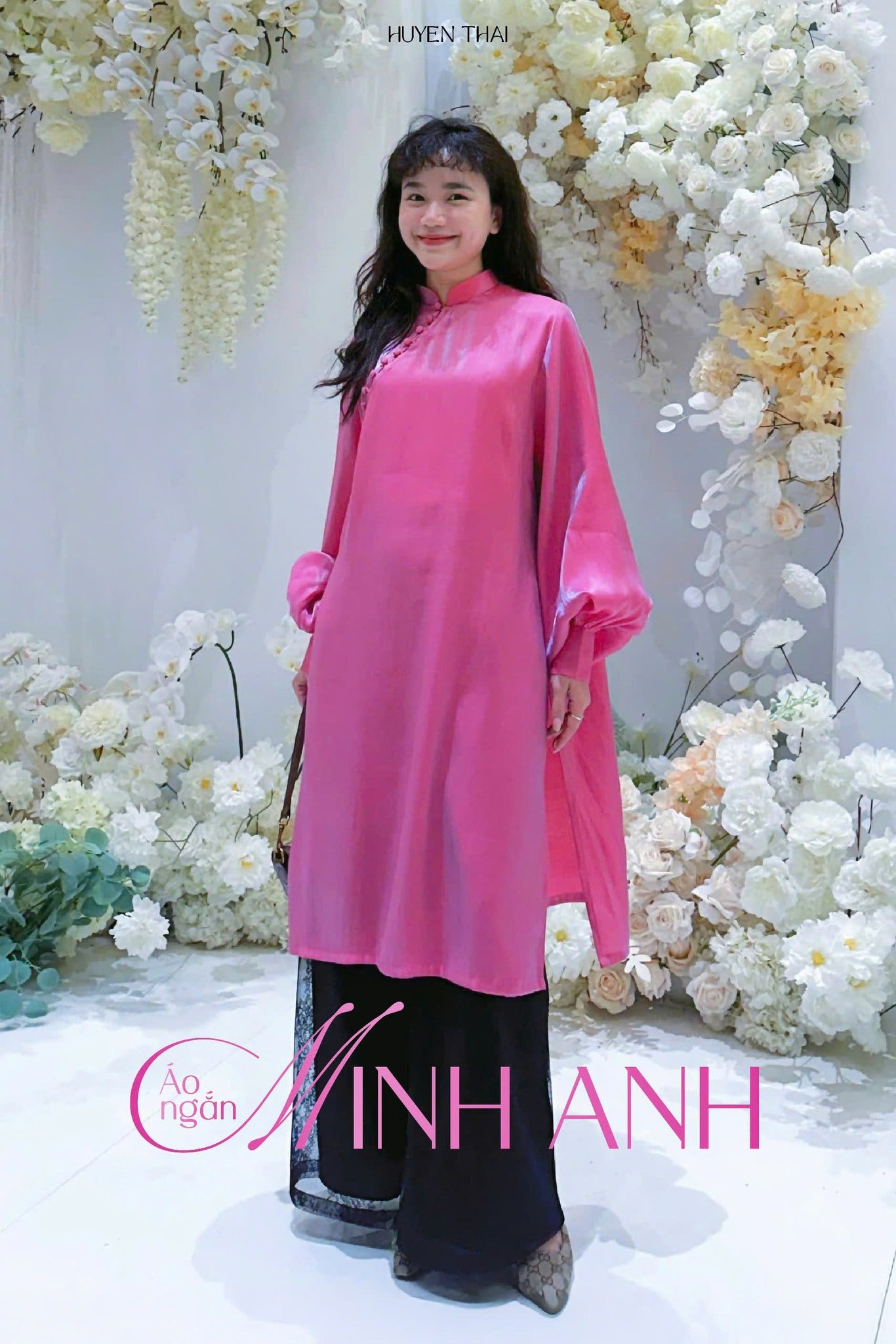 Vietnamese Ao Dai - Man Man Ao-Dai Set - Wormsilk - front view in pink by Huyen Collection