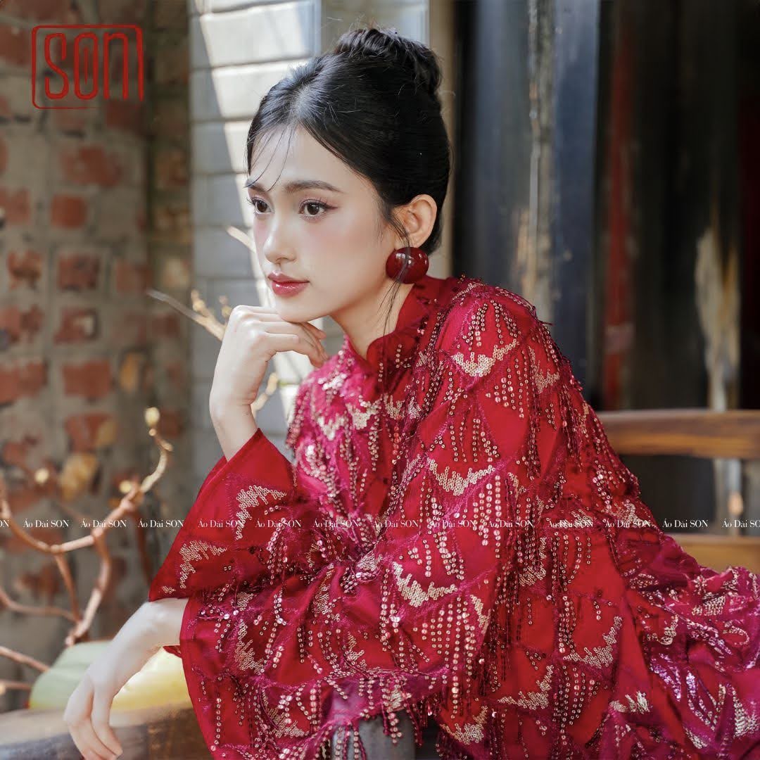 "Thuoc Son red sequined Ao Dai set, silk traditional Vietnamese dress, modern pattern"