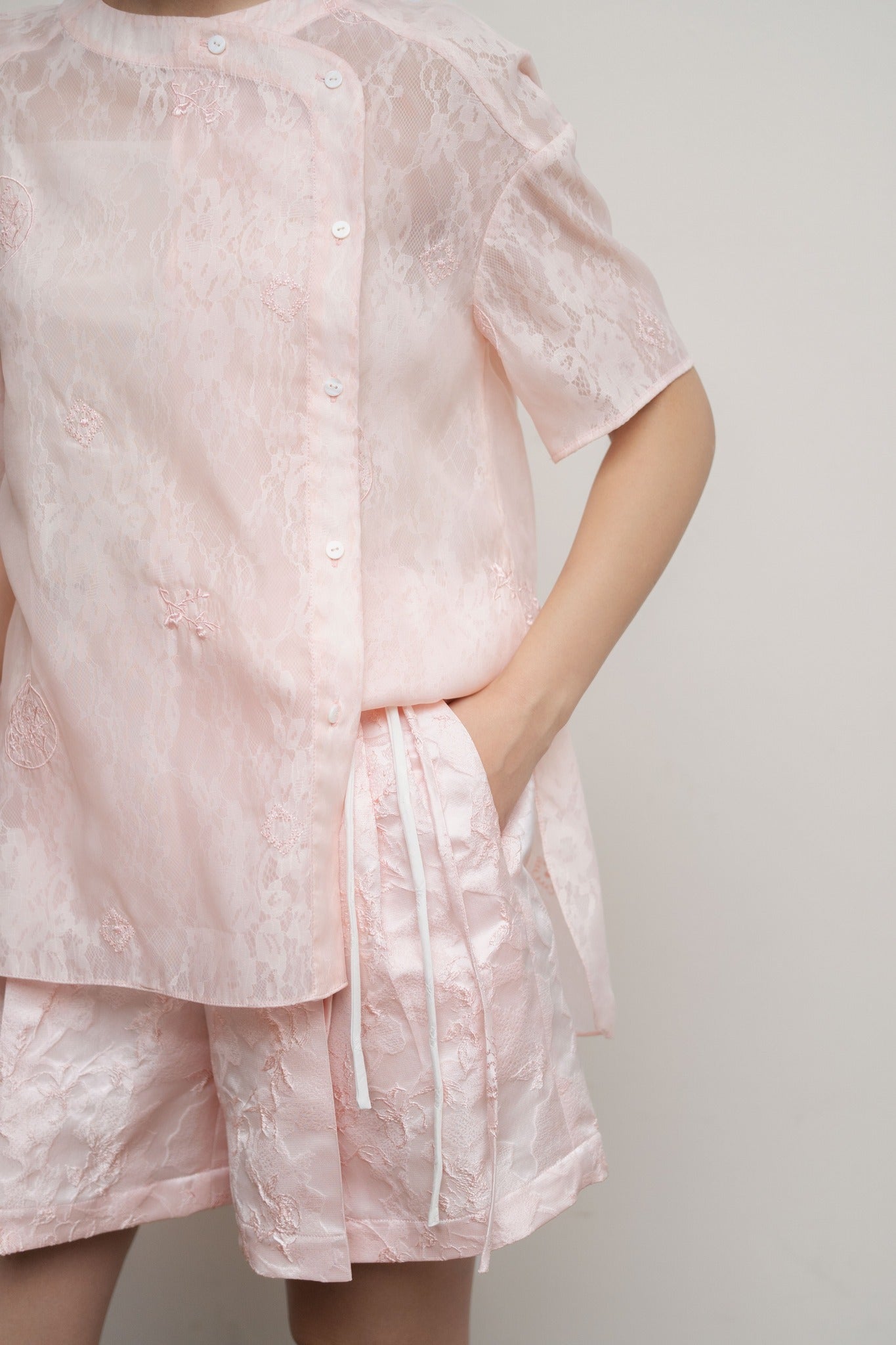 "Tiểu Mai Set – Mandarin-Neck Top and Shorts in Pastel Pink Jacquard with Floral Embroidery, Vietnamese Artisan Design"