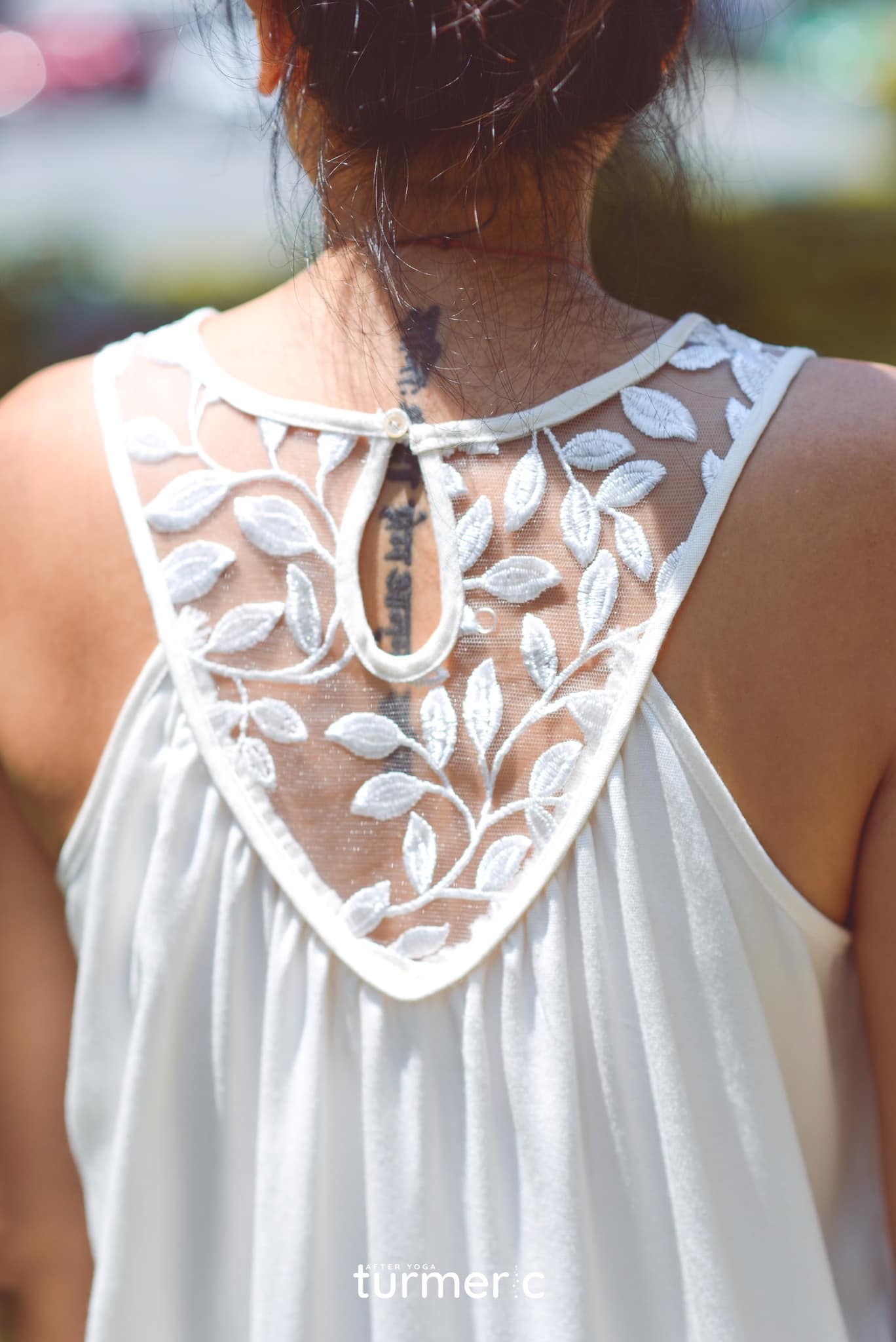 Vietnamese Embroidery - Magnolia - Linen and Lace Maxi Dress - back view in white by Turmeric