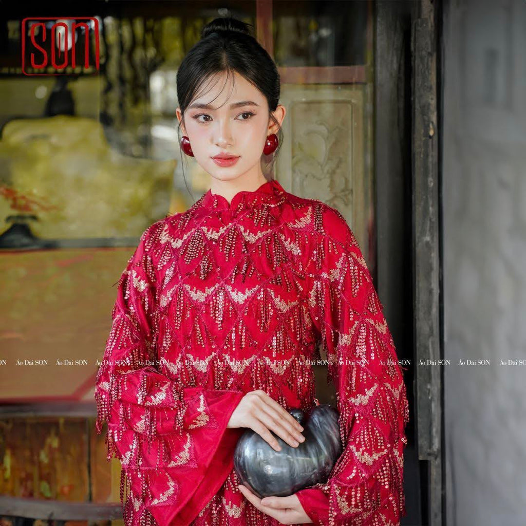 "Thuoc Son" red sequined silk Ao Dai set, traditional Vietnamese wedding dress by SON.