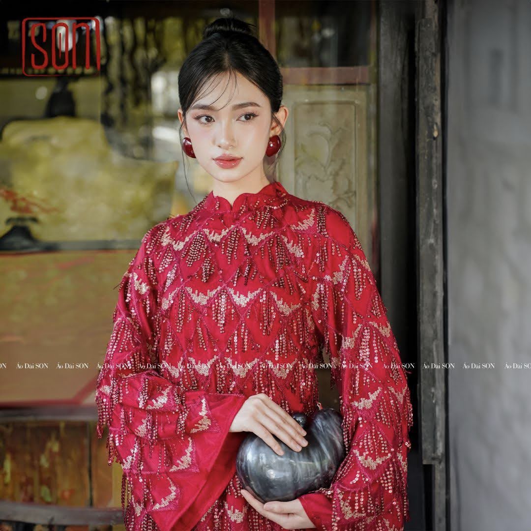 "Thuoc Son" red sequined silk Ao Dai set, traditional Vietnamese wedding dress by SON.